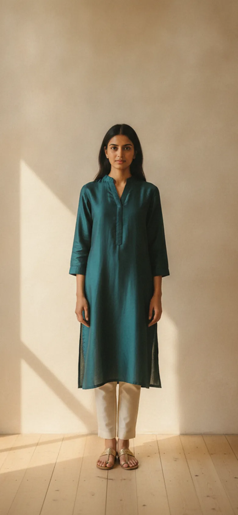 A woman wearing a modern fusion outfit