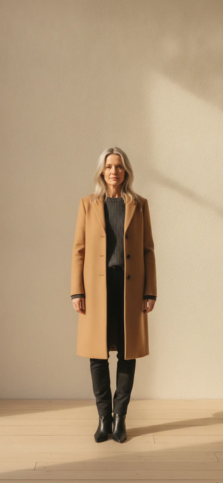 A woman in her late 40s wearing a quiet-luxury fall outfit