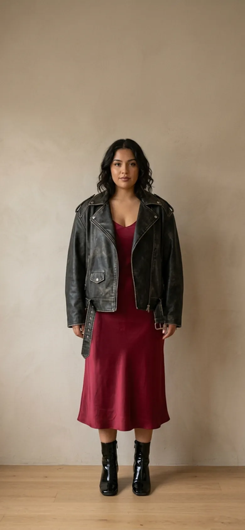 A woman in a crimson slip dress under an oversized black leather jacket, standing in a sunlit room.