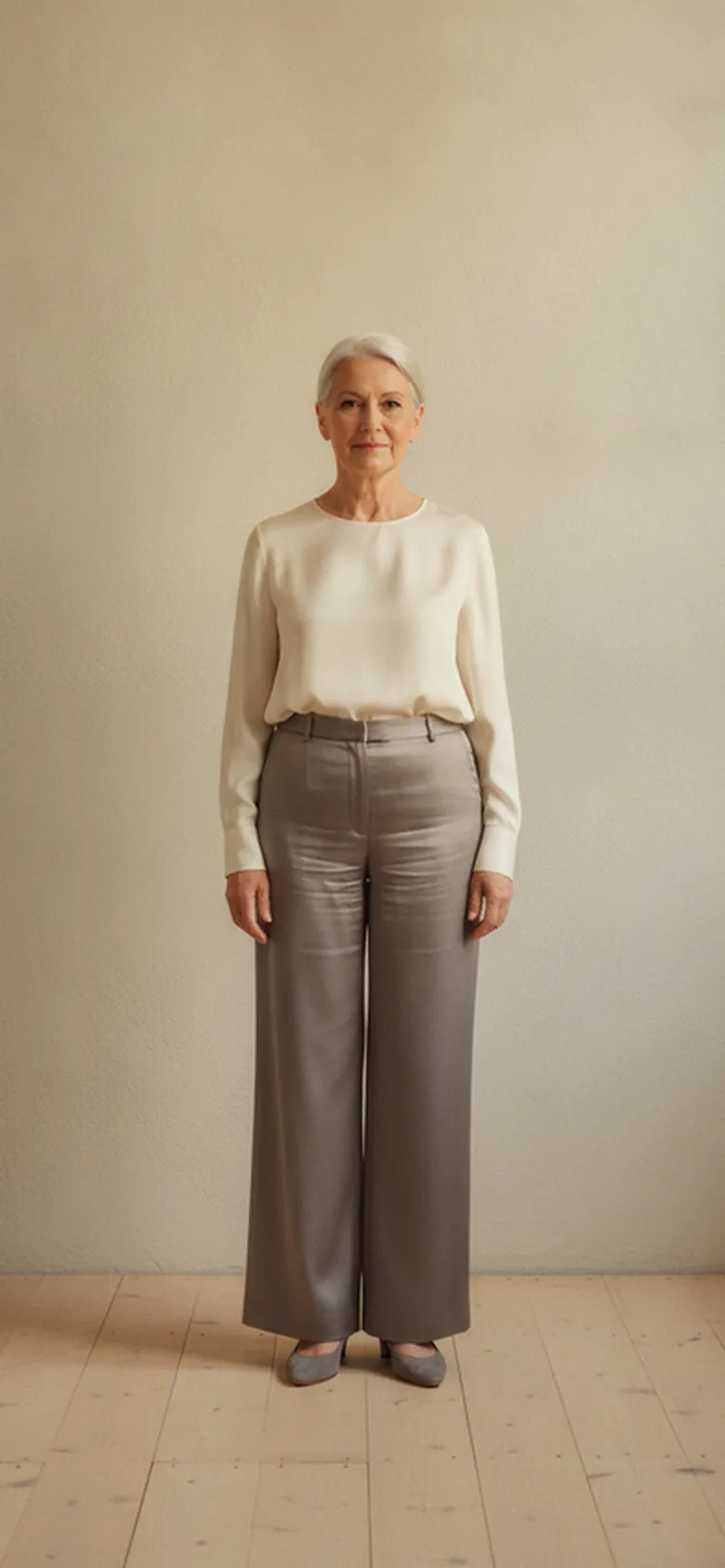 An older woman wearing a refined minimalist outfit