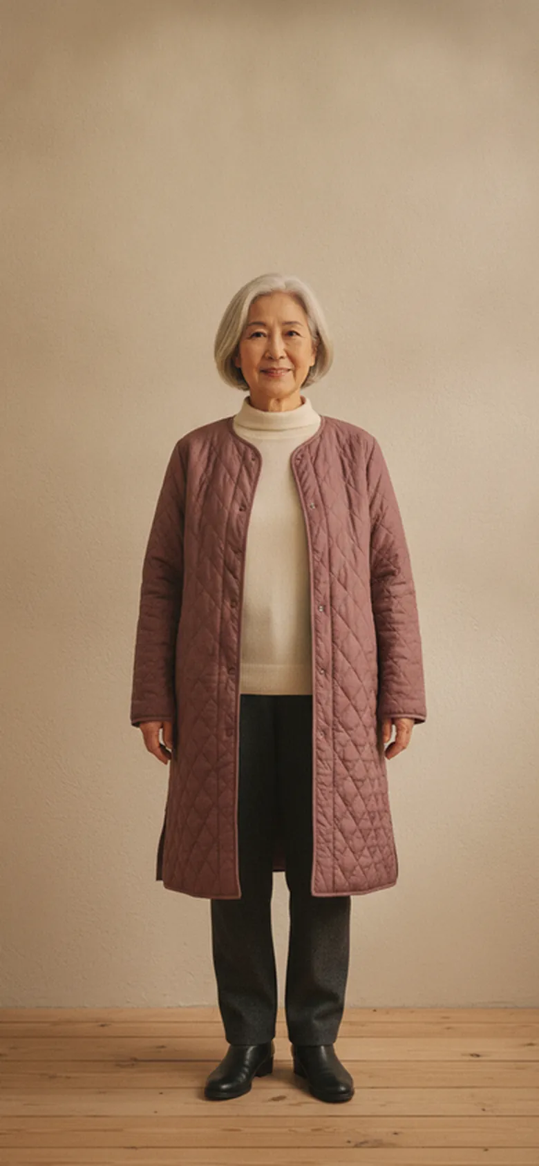 A silver-haired woman in a quilted plum coat over a cream roll-neck with dark trousers, standing in a sunlit room.